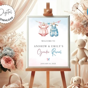Baby Clothes Gender Reveal Welcome Sign Template, Boho Clothesline Gender Reveal Welcome Sign, Minimalist Bow Gender Reveal Sign