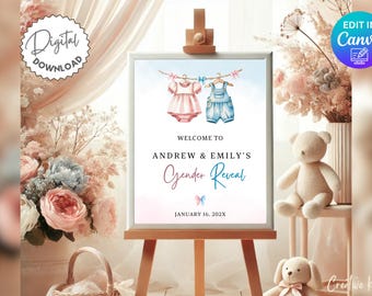 Baby Clothes Gender Reveal Welcome Sign Template, Boho Clothesline Gender Reveal Welcome Sign, Minimalist Bow Gender Reveal Sign