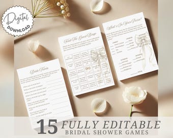 Editable White Bow Bridal Shower Games Bundle, She's Tying The Knot Bridal Shower Games Template, Elegant Bow Bridal Shower Games Set