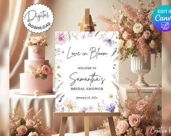 Love in Bloom Bridal Shower Welcome Sign Template, Wildflower Bridal Shower Decor, Minimalist Spring Bridal Shower Sign, Editable Canva