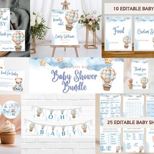 May include: A blue and white baby shower bundle with a teddy bear theme. The bundle includes printable signs, games, and decorations. The signs include "Food", "Custom Sign", and "Cards and Gifts". The games include "Baby Shower Bingo", "Guess the Baby Food", and "Who Knows Mommy Best". The decorations include a banner that says "Oh Baby" and cupcake toppers with hot air balloons.