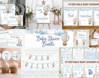 Editable Blue Bear Baby Shower Bundle, Baby Boy Bear Shower Bundle, We Can Bearly Wait Baby Shower Set, Hot Air Balloon Bear Shower Decor