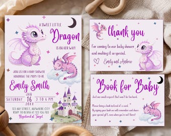 Purple Dragon Baby Shower Invitation Set Template, Dragon Theme Thank You Card, Book Request Card, Magical Baby Girl Shower