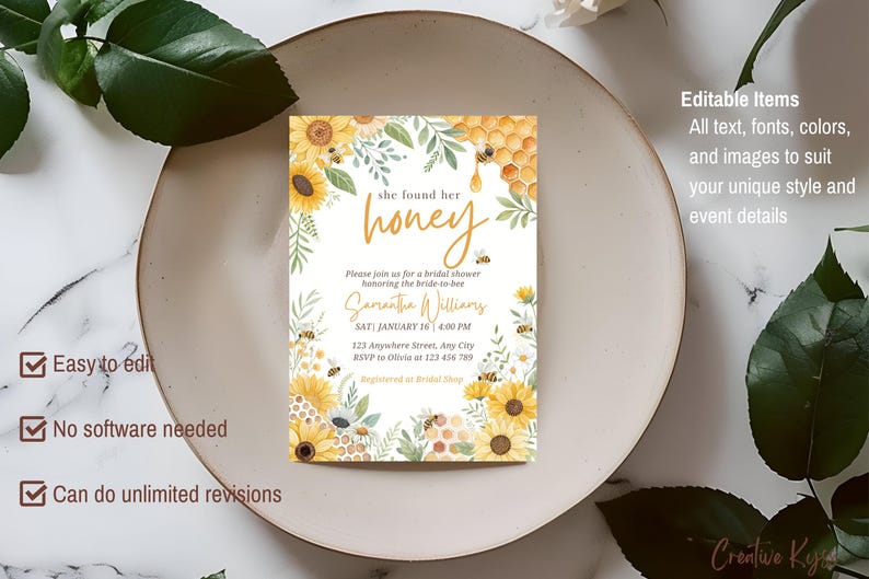 May include: A printable bridal shower invitation with a watercolor design featuring sunflowers, honeycombs, and bees. The text reads "She found her honey" and includes the bride-to-be's name, date, time, and location.