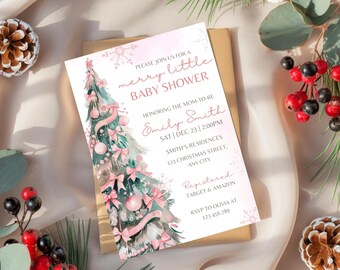 May include: Pink and green Christmas tree baby shower invitation with snowflakes and the text "merry little baby shower" and "Emily Smith".