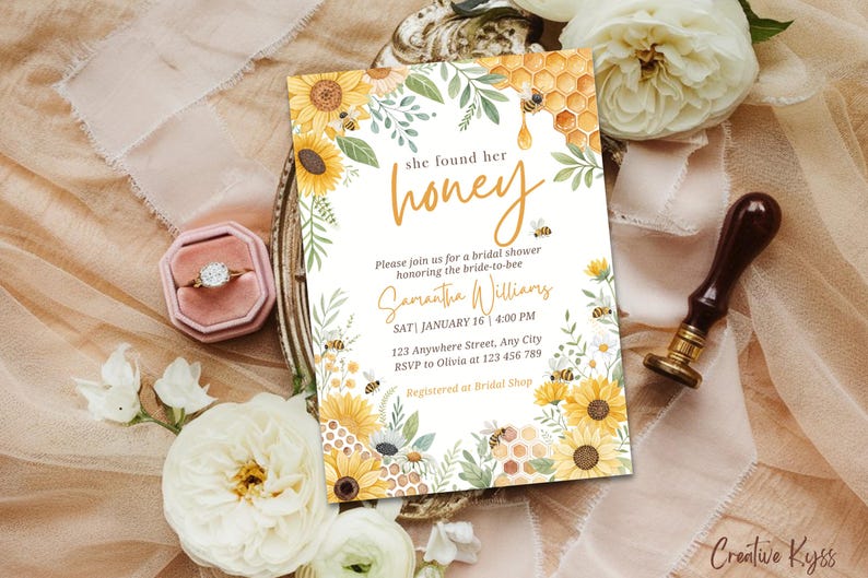 May include: A bridal shower invitation with a watercolor design featuring sunflowers, honeycombs, and bees. The text reads "She found her honey" and includes the bride-to-be's name, date, time, and location.