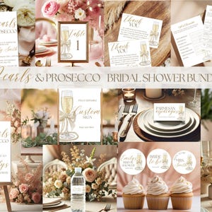Pearls and Prosecco Bridal Shower Bundle Template, White Pearls and Prosecco Bridal Shower Invitation, White Bow Bridal Shower Decor Bundle