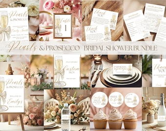 Pearls and Prosecco Bridal Shower Bundle Template, White Pearls and Prosecco Bridal Shower Invitation, White Bow Bridal Shower Decor Bundle