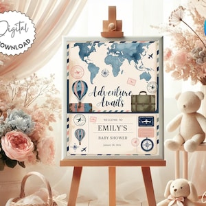 Travel Baby Shower Welcome Sign Template, Adventure Awaits Baby Shower Decor, Little Explorer Baby Shower Welcome Sign, Wanderlust Shower