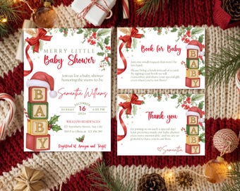 Christmas Blocks Baby Shower Invitation Template, Red Bow Holiday Baby Shower Invite, Santa Baby Hat, Red Coquette, Merry Little Baby