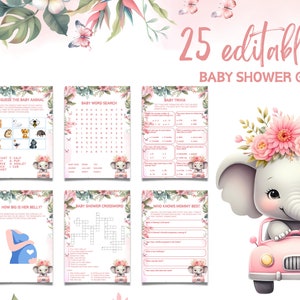 Modèle modifiable de jeux de baby shower d'éléphant, lot de jeux d'éléphant de bébé, modèle de jeux de baby shower d'éléphant rose, jeu de baby shower