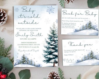 Christmas Tree Baby Shower Invitation Set Template, Baby It's Cold Outside Baby Shower Invite Set, Editable Winter Baby Shower Invite Set