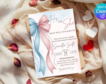Pink and Blue Bow Gender Reveal Invitation Template, He or She Ribbon Baby Shower, Coquette Gender Reveal Invite, Editable Canva