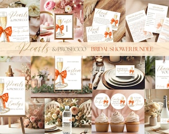Pearls and Prosecco Bridal Shower Bundle Template, White Pearls and Prosecco Bridal Shower Invitation, Orange Bow Bridal Shower Decor Bundle