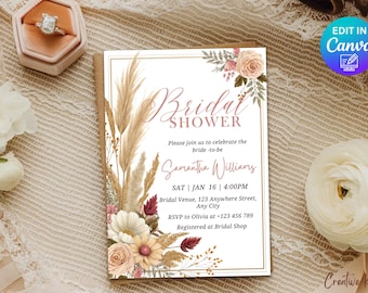 Boho Bridal Shower Invitation Template, Boho Flower Bridal Shower Invitation, Pampas Bridal Shower, Editable Floral Bridal Shower Invitation