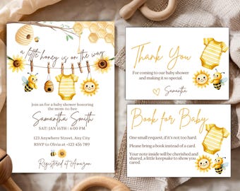 A Little Honey Is On The Way Baby Shower Invitation Set, Bee Baby Shower Invitation Template, Editable Bee Clothesline Shower Invitation Set