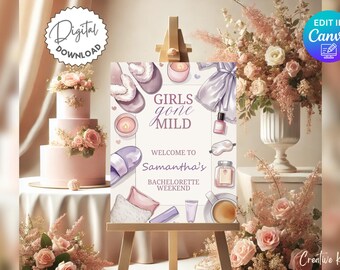 Girls Gone Mild Bachelorette Party Welcome Sign Template, Spa Bridal Shower Welcome Sign, Spa Bachelorette Decor, Pamper Bridal Shower Sign