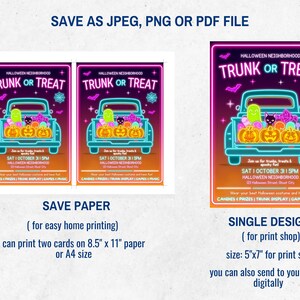 May include: Halloween-themed poster with a neon-style design. The poster features a teal pickup truck filled with pumpkins, candy, and a black cat. Text reads "Trunk or Treat" and event details. Includes options for home printing or print shop.