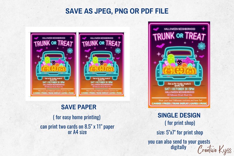 May include: Halloween-themed poster with a neon-style design. The poster features a teal pickup truck filled with pumpkins, candy, and a black cat. Text reads "Trunk or Treat" and event details. Includes options for home printing or print shop.