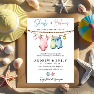 Summer Clothesline Gender Reveal Invitation Template, Summer Gender Reveal Invitation, Swimwear Gender Reveal, He or She Gender Invitation