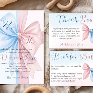 Modèle d'invitation de révélation de sexe noeud, ensemble de révélation de genre ruban rose et bleu, invitation de révélation de genre minimaliste, révélation de genre coquette