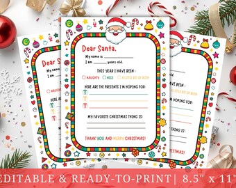 Plantilla de carta a Papá Noel, Lista de deseos navideños para niños, Carta imprimible a Papá Noel, Carta navideña a Papá Noel, Lista de deseos a Papá Noel editable para niños