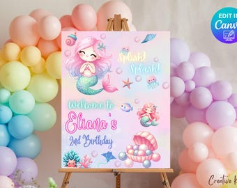 Editable Mermaid Party Welcome Sign: Pastel Theme (Digital Download, 16x20" Template)