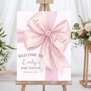 Pink Bow Baby Shower Welcome Sign Template, Pink Ribbon Baby Shower, Minimalist Girl Baby Shower Welcome Sign, Pink Coquette Baby Shower