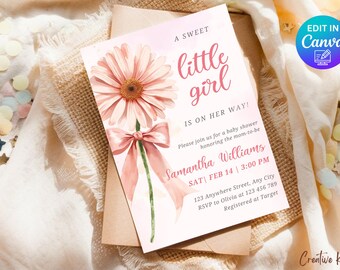 Rosa Blumen-Babyparty-Einladungsvorlage, Rosa Bogen-Mädchen-Dusche einladen, minimalistische Blumen-Kokette Babyparty, bearbeitbare Leinwand