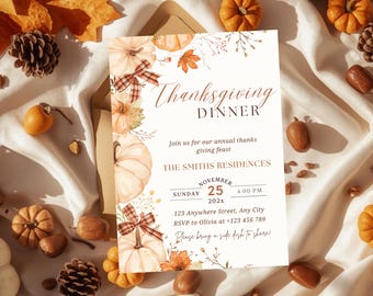 May include: Thanksgiving Dinner invitation with pumpkin and fall leaf illustrations. The invitation includes the text "Thanksgiving Dinner" and event details for November 25th. The design features a watercolor style with a warm color palette.