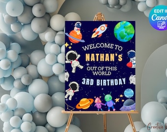 Outer Space Birthday Welcome Sign Template | Astronaut and Planet Birthday Welcome Sign, Space Birthday Party Welcome Sign Editable Template