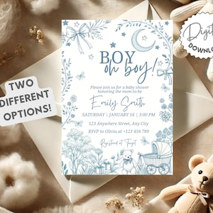 Toile de Jouy Baby Shower Invitation Template, Dusty Blue Baby Shower Invite, Toile de Jouy Baby Shower, Blue Bow Baby Shower Invitation