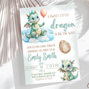 Dragon Baby Shower Invitation Template, A Sweet Little Dragon Baby Shower Invite, Baby Boy Dragon Invitation Template, Dragon with Balloon