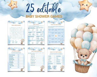 Pacchetto di giochi per baby shower a tema orsetto blu modificabile, Set di giochi per baby shower a tema orsetto blu per maschietto, Pacchetto di giochi a tema orso in mongolfiera, Non vediamo l'ora