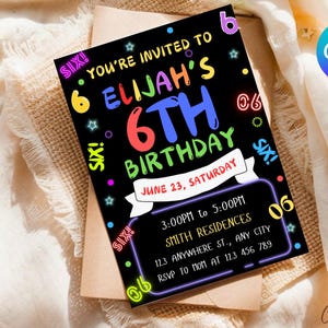 Boy Birthday Party Invitation, 6th Birthday Party Invite, Neon Birthday Party Invitation, 6th Neon Birthday Party Invite, Birthday Boy Neon