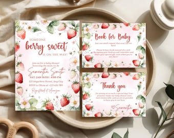 Berry Sweet Baby Shower Invitation Set Template, Someone Berry Sweet is On The Way, Strawberry Baby Shower Thank You and Book Request Card