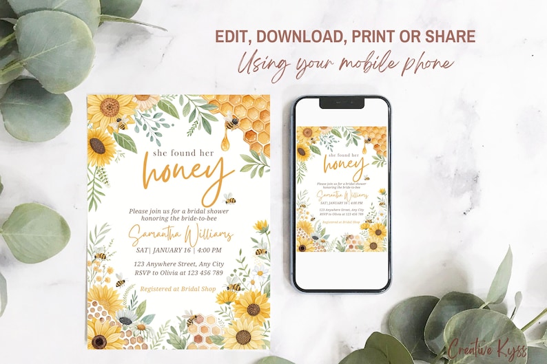 May include: A printable bridal shower invitation with a yellow and white floral design. The text reads "She found her honey" and includes details for the event, such as the date, time, and location. The invitation is designed to be edited and printed using a mobile phone.