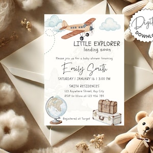 May include: A baby shower invitation with a watercolor illustration of a plane, a globe, and suitcases. The text reads "Little Explorer landing soon" and includes the name "Emily Smith", the date and time of the shower, and the location. The invitation also includes the RSVP information and the registry information.