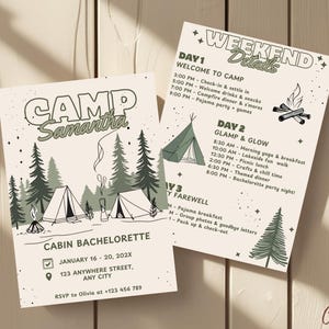 Plantilla de invitación e itinerario para despedida de soltera en campamento, invitación para despedida de soltera en un bosque, despedida de soltera glamping, invitación para despedida de soltera en la montaña