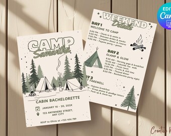 Modèle d'invitation et d'itinéraire de camp EVJF, invitation EVJF bois, shower de mariage glamping, invitation EVJF en montagne