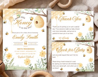 Modello per invito baby shower a tema ape, set di inviti baby shower "A Little Honey Is On The Way", set di inviti baby shower a tema ape