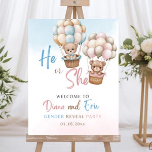 Bear Gender Reveal Welcome Sign Template, Blue and Pink  Bear Gender Reveal Welcome Sign, Blue Hot Air Balloon Gender Reveal Welcome Sign
