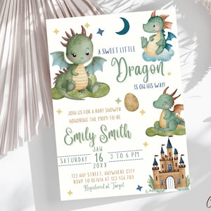 Dragon Baby Shower Invitation Template, A Little Dragon Baby Shower Invite, Baby Boy Dragon Invitation Template, Cute Watercolor Dragon