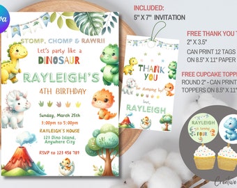 Editable Dinosaur Birthday Party Invitation Template, Dinosaur Birthday Invitation, Free Dinosaur thank you tag and cupcake topper