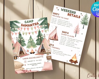 Modèle d'invitation EVJF glamping, invitation de mariée de camp, invitation de tente et de feu de camp, invitation et itinéraire modifiables de glamping