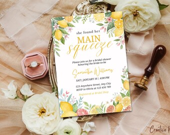 She Found Her Main Squeeze Bridal Shower Invitation Template, Citrus Bridal Shower Invite, Lemon Bridal Shower Invite, Summer Bridal Shower