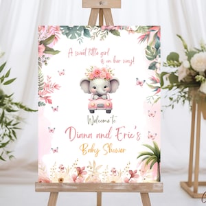 Letrero de bienvenida editable con diseño de elefante para baby shower, letrero de bienvenida con diseño de elefante para niña, letrero de bienvenida con diseño de safari para niña, letrero de bienvenida con diseño de elefante rosa para baby shower.
