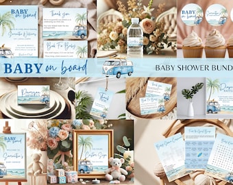 Baby On Board Baby Shower Bundle Template, Summer Baby Shower Invitation Set and Decor, Surfboard Baby Shower Bundle, Surf Beach Baby Shower