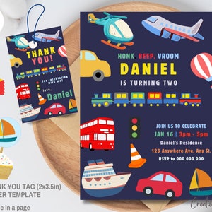 Transportation Birthday Invitation Template with free Thank you Tag | Kids Vehicle Party Invitation, Vehicle Birthday Invitation Template