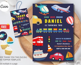 Transportation Birthday Invitation Template with free Thank you Tag | Kids Vehicle Party Invitation, Vehicle Birthday Invitation Template